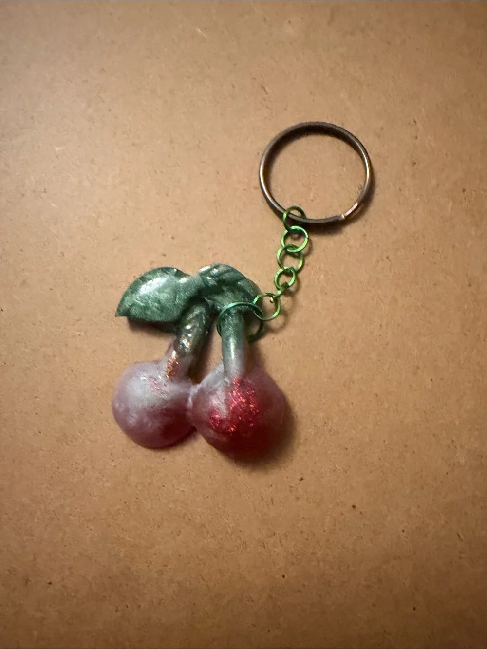 Handmade Red Cherry Keychain with Green Leaves